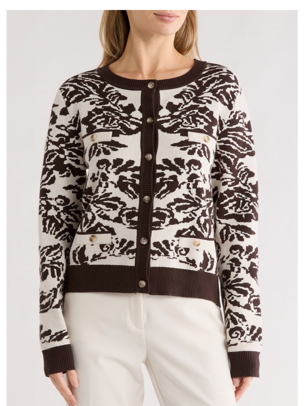 Women's Brown and Cream Floral Pattern Button-Up Cardigan
